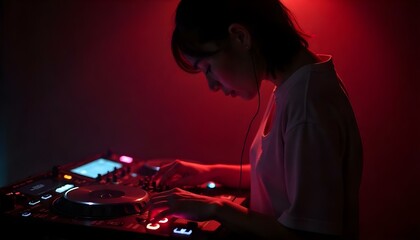 A korean woman dj with a broken heart stitched together, glowing softly with dark light