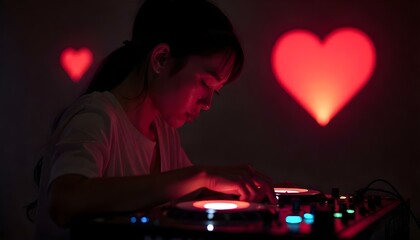 A Korean woman stands behind the DJ booth, her stitched-together heart glowing faintly with a dark, ethereal light