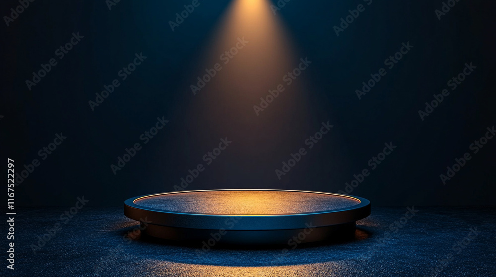 Poster a single spotlight shines on an empty modern podium creating a stark contrast between light and shad