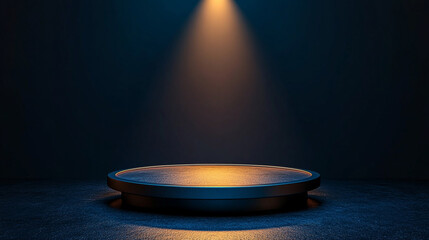A single spotlight shines on an empty modern podium creating a stark contrast between light and shadow symbolizing focus potential opportunity clarity in a minimalistic setting against chaos

