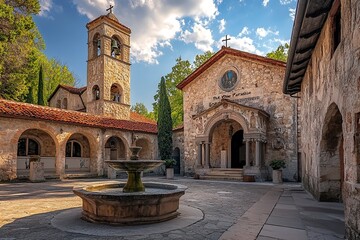 The church, the bell tower, and the liturgical fountain "the Paradise" in the Exarchic Monastery of Saint Mary in Grottaferrata, Greek Abbey of Saint Nilus, the with generative ai