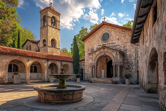 The church, the bell tower, and the liturgical fountain "the Paradise" in the Exarchic Monastery of Saint Mary in Grottaferrata, Greek Abbey of Saint Nilus, the with generative ai