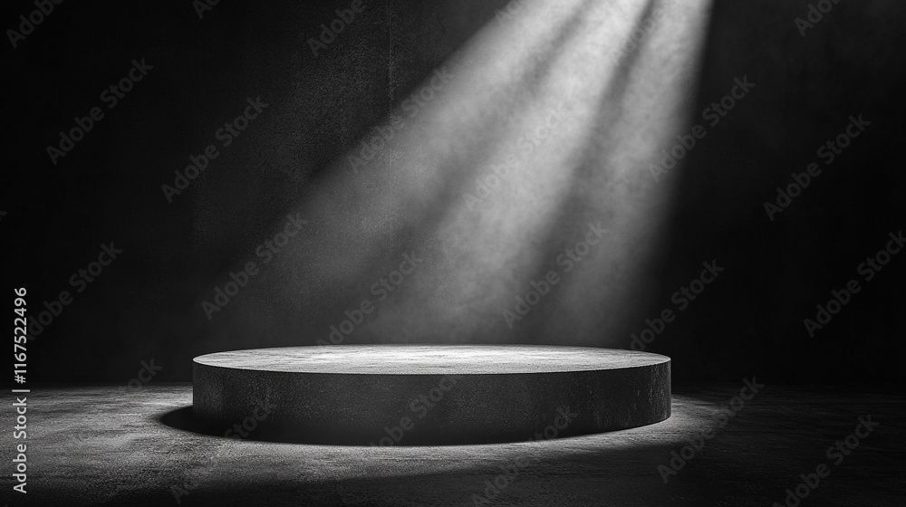 Poster a single spotlight shines on an empty modern podium creating a stark contrast between light and shad