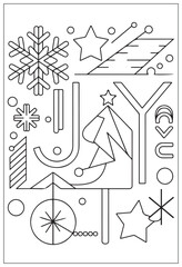 Winter holidays joy themed coloring page with christmas tree ornaments and cute cheerful snowman