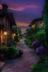Fototapeta premium Picturesque cobblestone path with lush greenery and glowing lanterns under a vibrant purple sunset in a charming village
