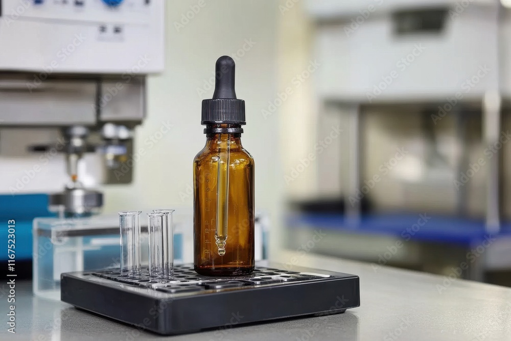 Poster scientific experiment setup featuring brown bottle with dropper on scale under cool lab lighting for