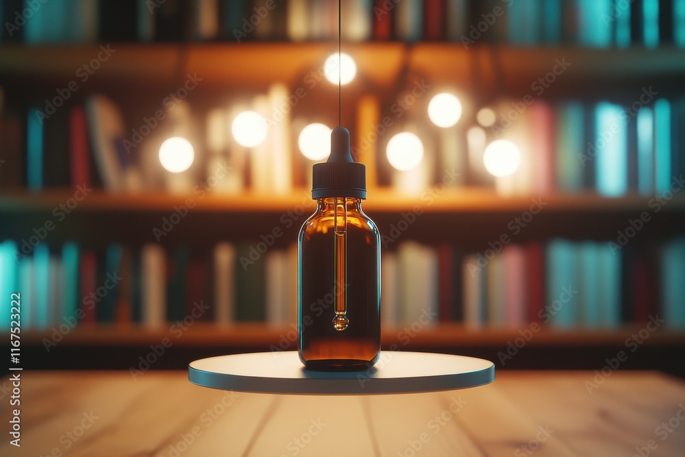 Poster scientific experiment setup with an amber bottle and dropper on a scale under cool lab lighting in a