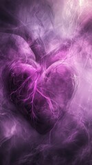 A vibrant, abstract depiction of a heart surrounded by swirling purple hues, evoking emotions of love and mystique.
