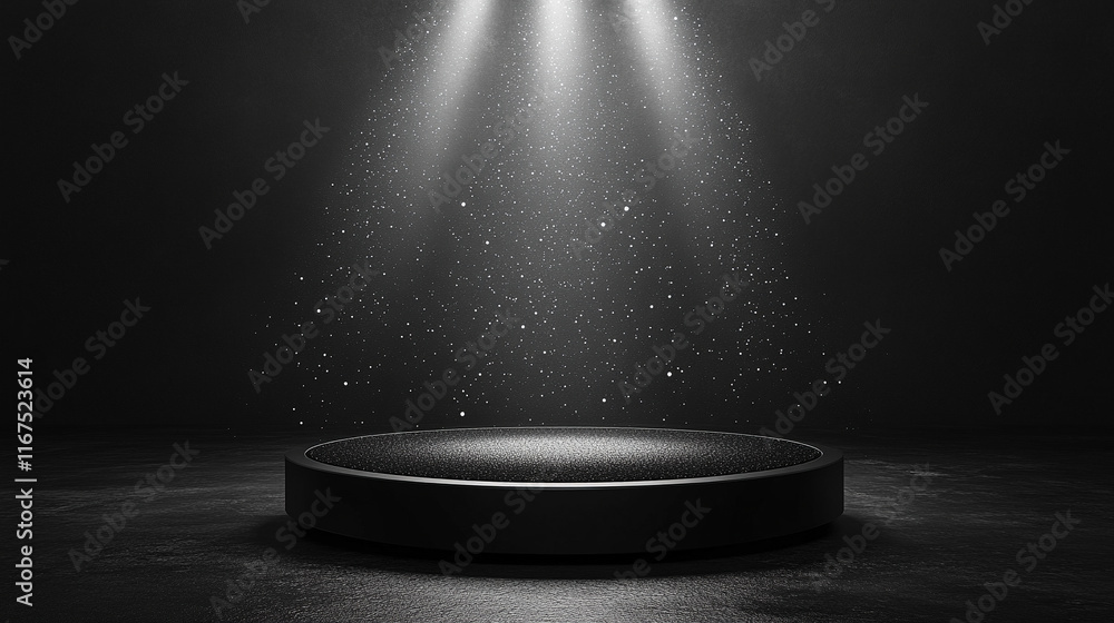 Poster a single spotlight shines on an empty modern podium creating a stark contrast between light and shad