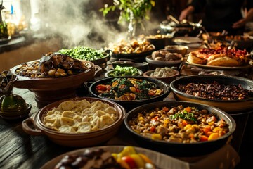 Steaming food, various dishes, rustic setting.