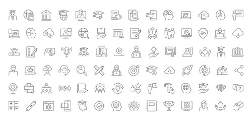 E-Learning Icons Pack. Distance learning thin line collection set. Included smart Learning, online education, video courses, graduation and more. Vector illustration.