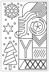 Winter holidays joy themed coloring page with christmas tree ornaments and cute cheerful snowman