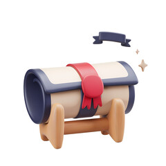 Naklejka premium A 3D render of a cartoon-style diploma with a red ribbon. The diploma is folded and placed on a wooden stand. There are minimalistic stars and a banner above the diploma.