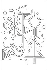 Winter holidays joy themed coloring page with christmas tree ornaments and cute cheerful snowman