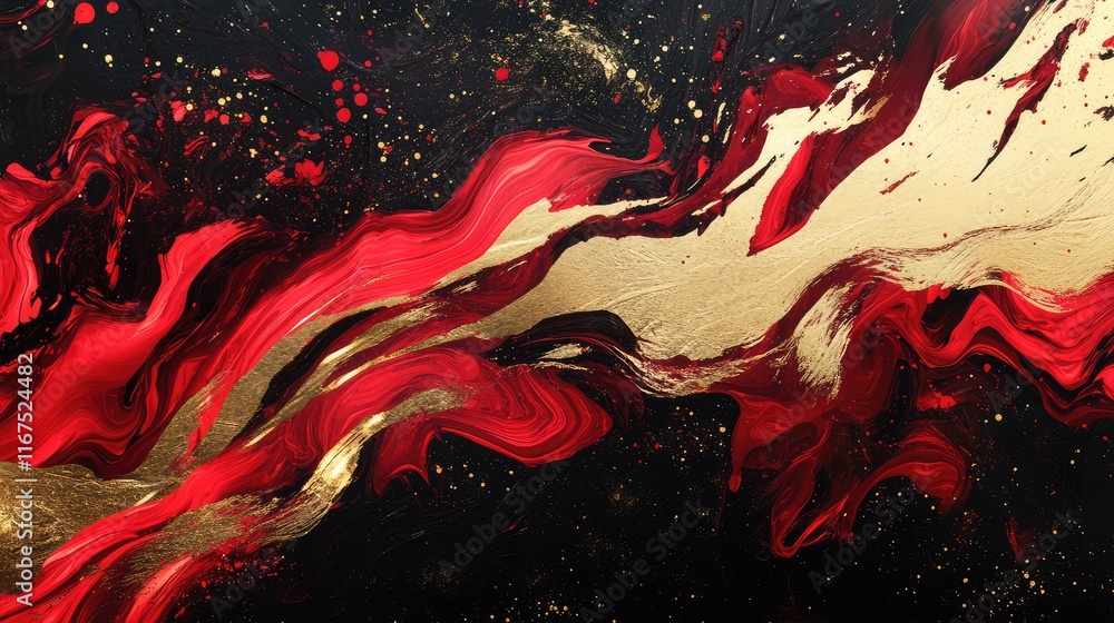 Poster abstract golden streaks intertwined with bold red waves, forming dynamic patterns on a dark backgrou