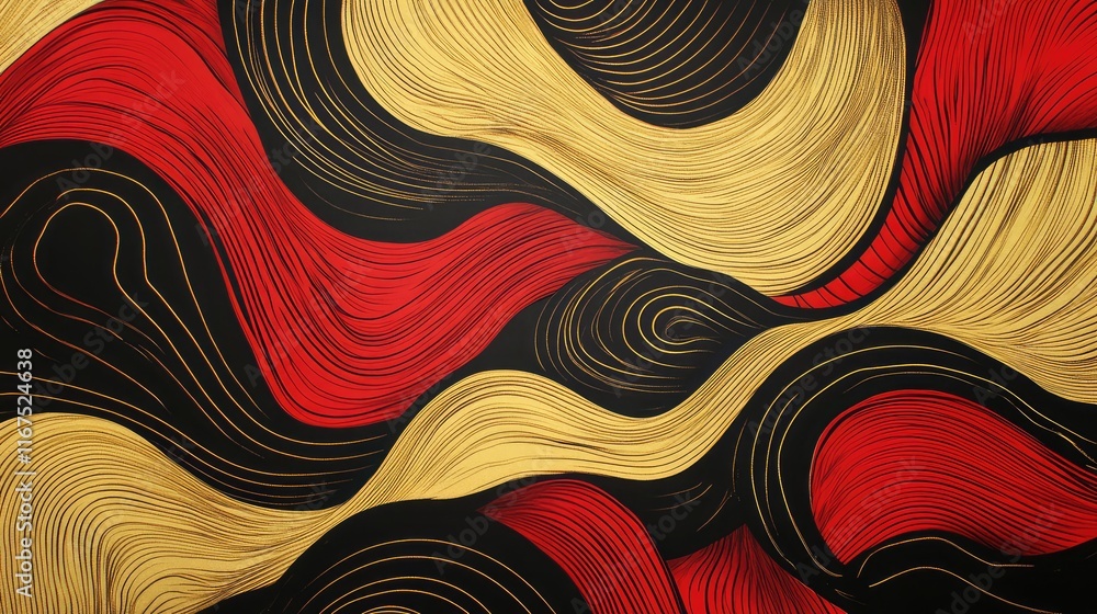Poster abstract golden streaks intertwined with bold red waves, forming dynamic patterns on a dark backgrou