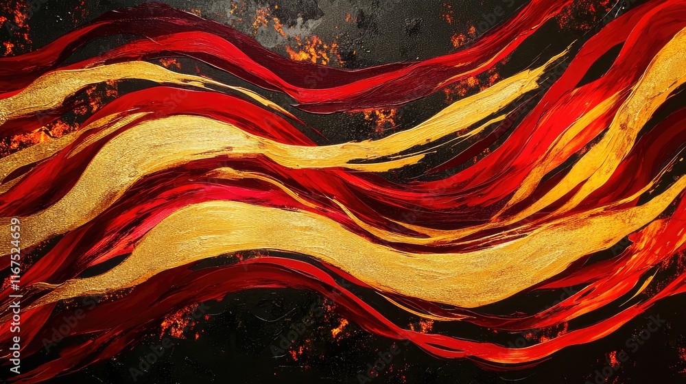 Poster abstract golden streaks intertwined with bold red waves, forming dynamic patterns on a dark backgrou