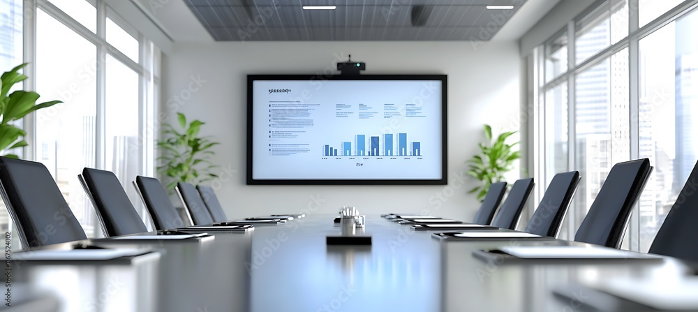 Poster a dynamic image of a business presentation with a focus on the speaker and the large screen displayi