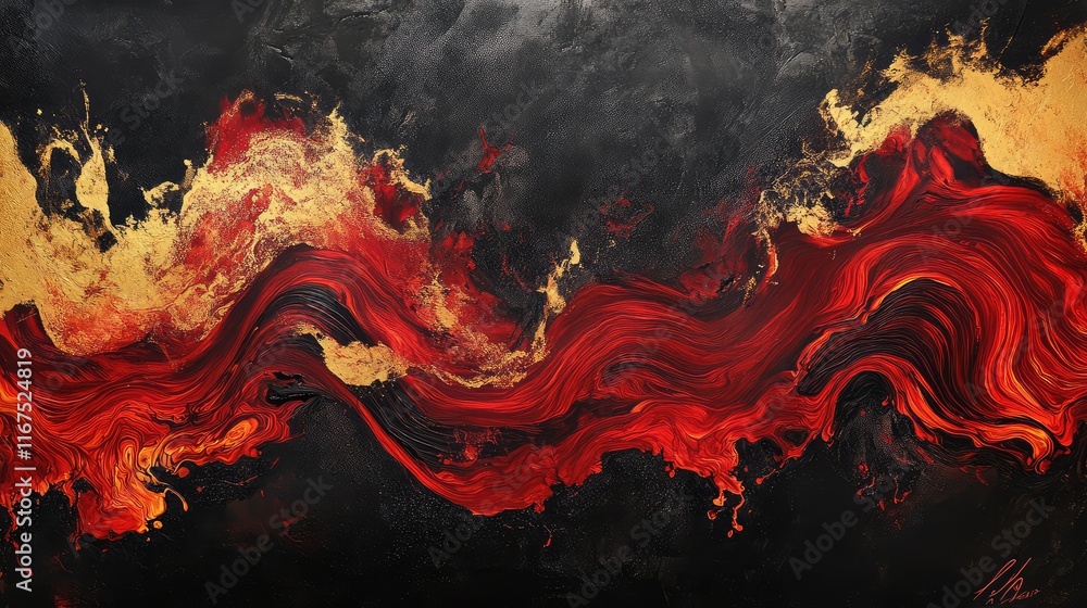 Poster abstract golden streaks intertwined with bold red waves, forming dynamic patterns on a dark backgrou