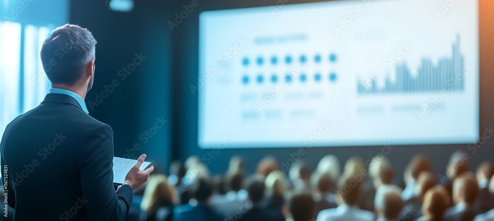 Poster a dynamic image of a business presentation with a focus on the speaker and the large screen displayi