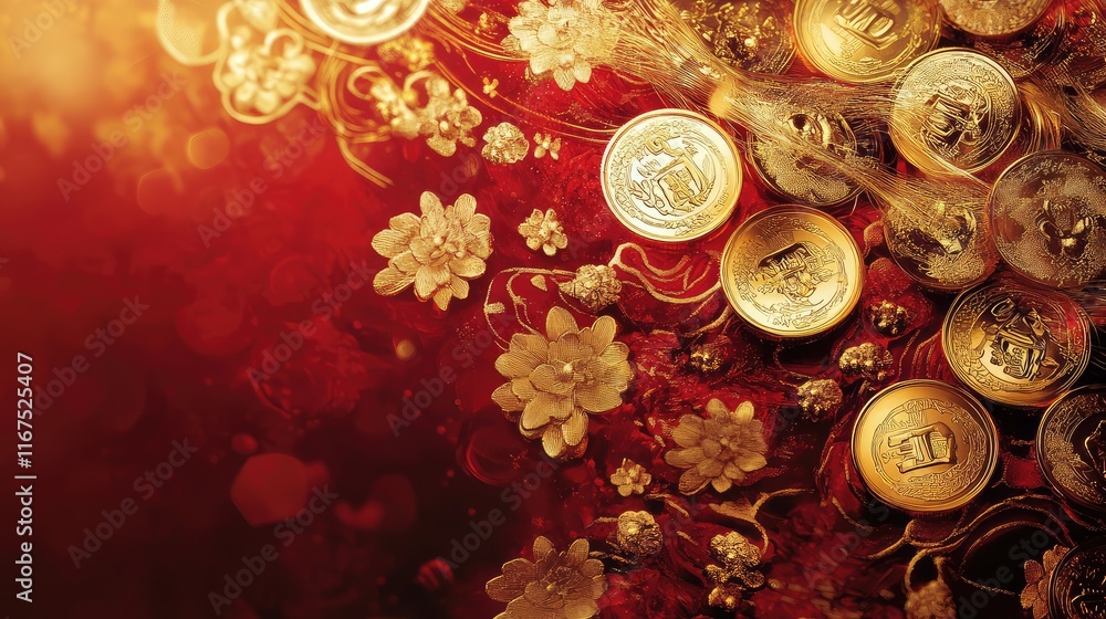 Poster abstract golden symbols of prosperity, such as coins and ingots, surrounded by dynamic red and gold 