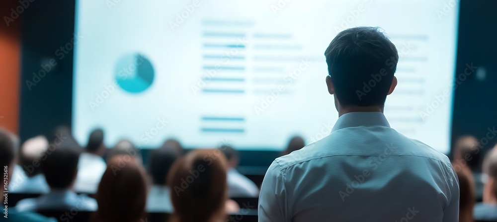Poster a dynamic image of a business presentation with a focus on the speaker and the large screen displayi