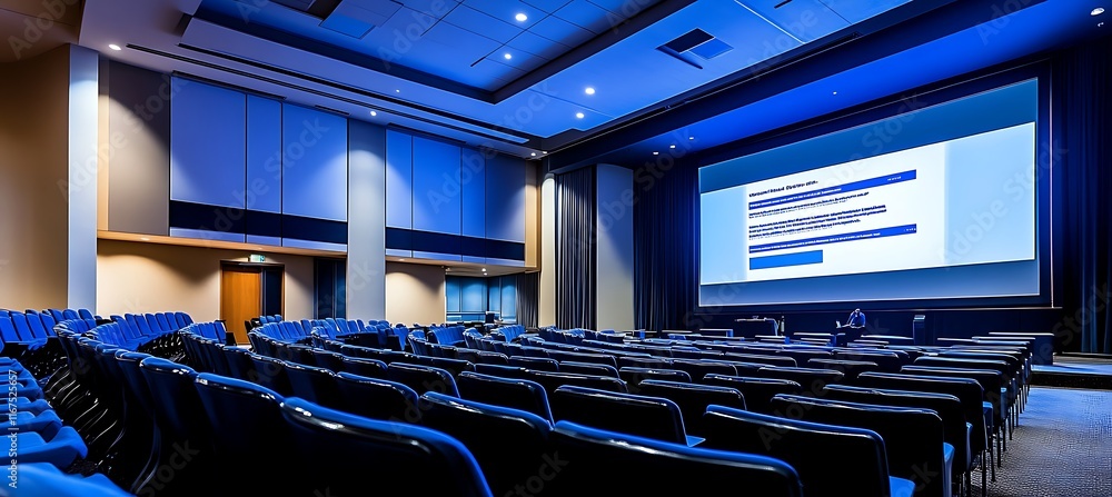 Poster a dynamic image of a business presentation with a focus on the speaker and the large screen displayi