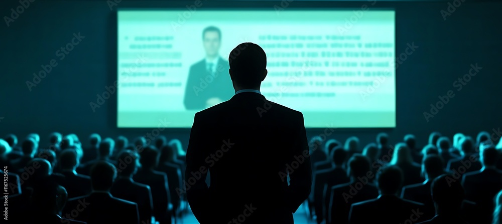 Poster a dynamic image of a business presentation with a focus on the speaker and the large screen displayi