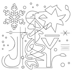 Winter holidays joy themed coloring page with christmas tree ornaments and cute cheerful snowman