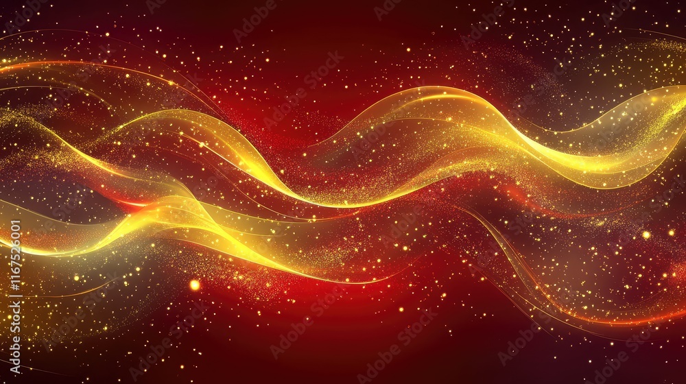 Poster abstract golden trails and glowing elements scattered across a deep red festive background.