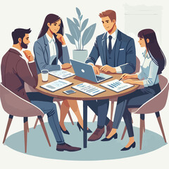 Partners meeting for business discussion with documents and laptop on desk. Couple at round table, speaking, discussing work, partnership. Flat vector illustration isolated on white background