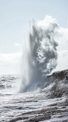 Naklejka premium Dramatic and powerful ocean wave crashing against rugged coastal cliffs creating an seascape of turbulent water spray and foam