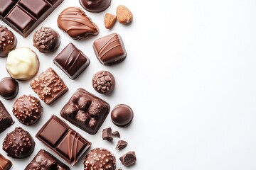 Delicious assortment of handcrafted chocolates elegantly arranged on a white background