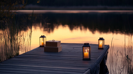 Lakeside proposal at dusk with glowing lanterns and ring box