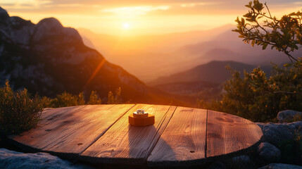 Fototapeta premium Scenic mountaintop proposal with sunset and wooden plank