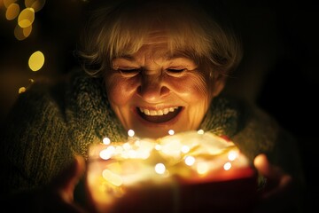 Naklejka premium Elderly woman joyfully opens glowing gift.