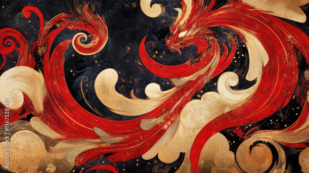 Poster abstract interpretation of the chinese zodiac with dynamic swirling red and gold patterns representi