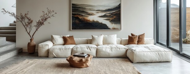 Modern Minimalist Living Room with Neutral Tones and Natural Textures
