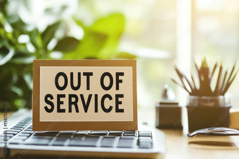 Poster resting 'out of service' sign on keyboard in natural light with desk accessories, highlighting a pau