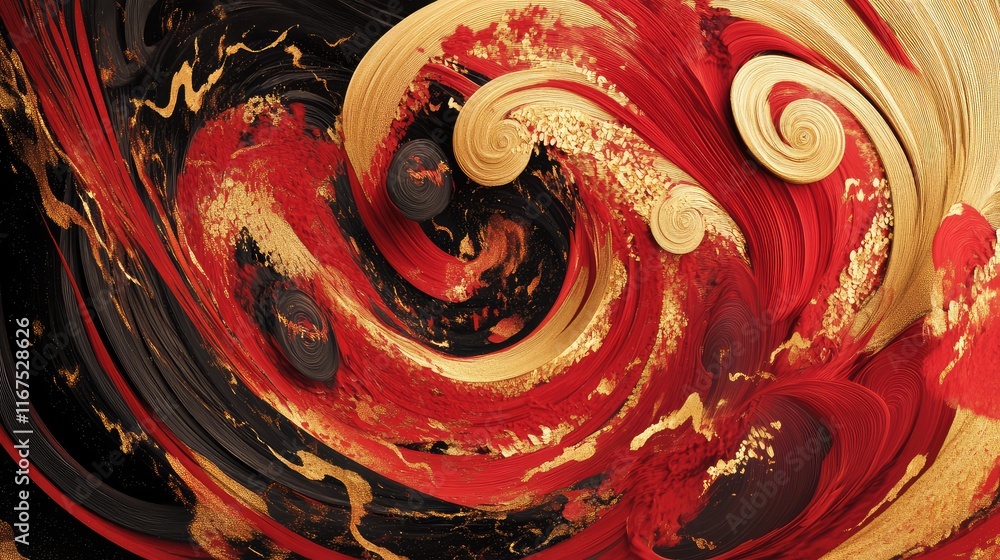 Poster abstract interpretation of the chinese zodiac with dynamic swirling red and gold patterns representi