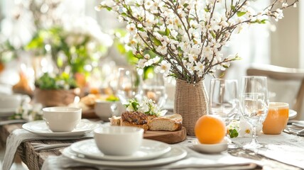 Elegant table setup with flowers and fruits in bright, cozy setting