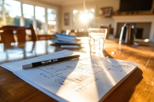 Welcoming Brightness: Casual Kitchen Table with Sketches and Marker Under Sunlight Streaming Through Window in Cheerful Atmosphere