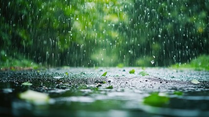 Fototapeta premium Rain falling in lush, green forest Close-up of raindrops splashing on ground