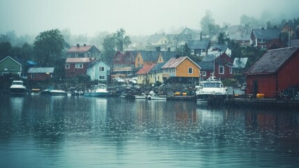 Fototapeta premium Quaint village with colorful houses by misty lake on rainy day