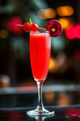 Red cocktail, cherries, and garnish in glass.