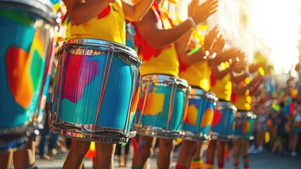 Group of drummers performing in colorful street parade, vibrant atmosphere