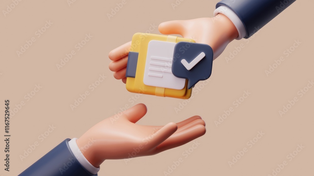 Aufkleber 3D rendering of hands exchanging a document with a checkmark, signifying approval or completion.