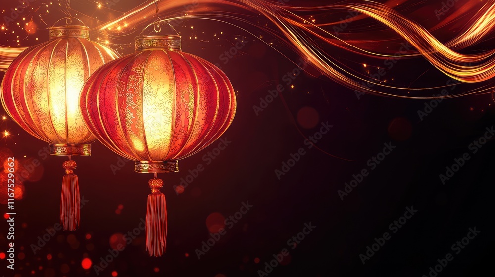 Poster abstract lantern outlines glowing in red and gold with dynamic swirling lines and sparkles.