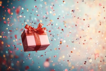 Obraz premium A festive pink gift box surrounded by shimmering confetti in a celebratory atmosphere