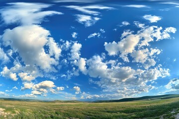 Fototapeta premium Blue sky and snow capped mountains with grassland. Vast desert landscape under a clear blue sky with scattered clouds and distant mountains in the horizon during golden hour.